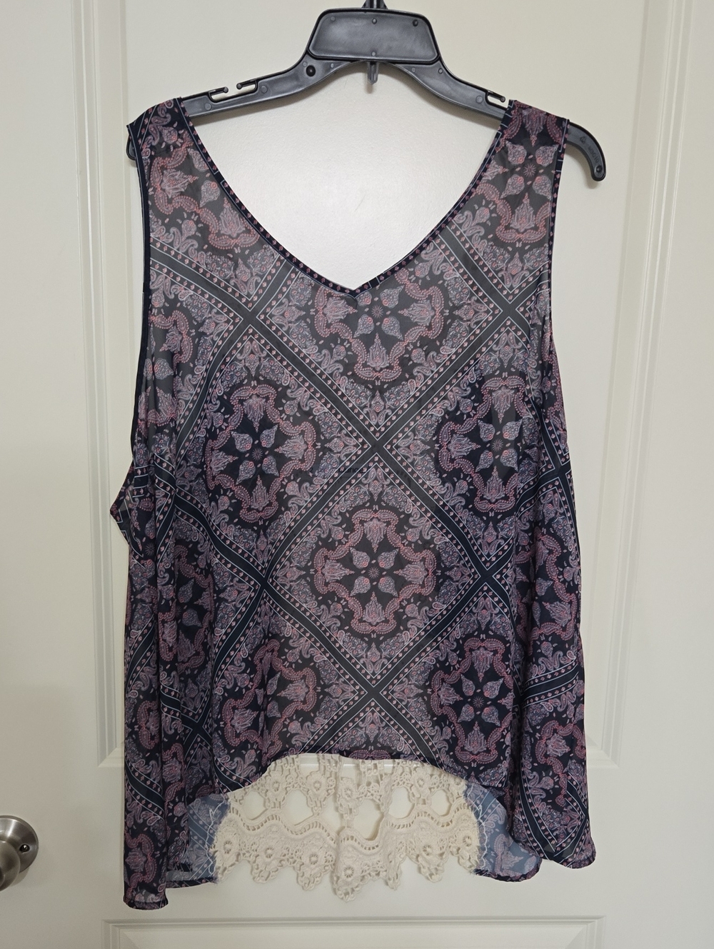 Maurices Navy and Pink Paisley V-Neck Tank with Lace Trim